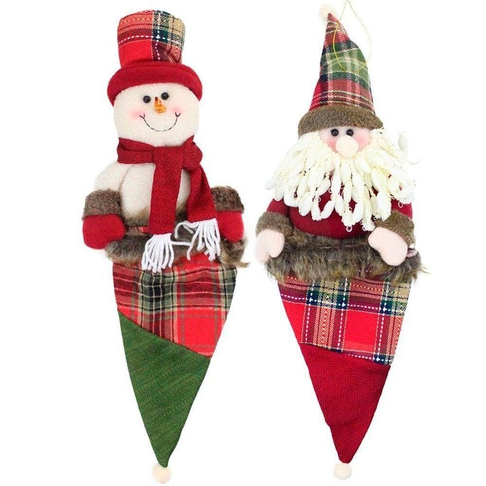 Kit 8 Enfeites árvore Natal Papai Noel E Boneco Neve Saco Natalino Xadrez