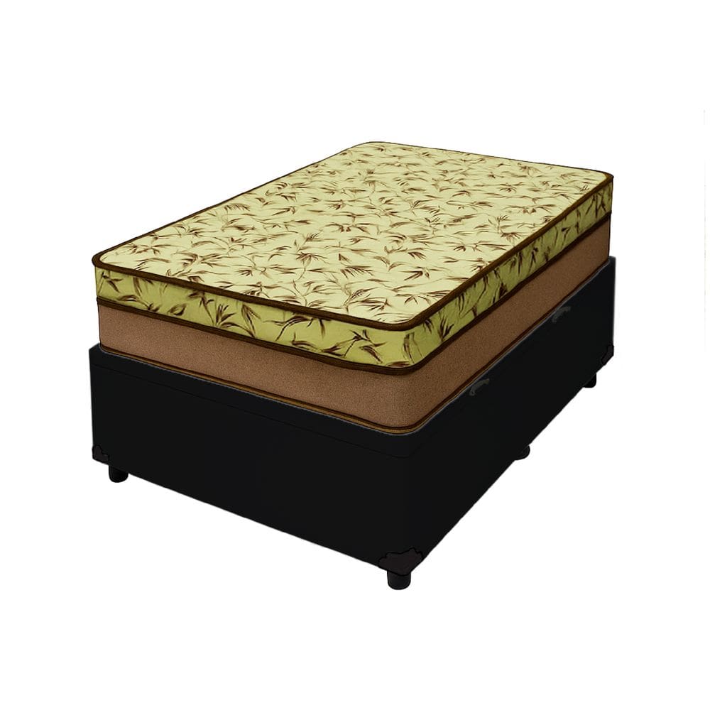 Cama Box Baú Solteiro 88 Tecido Sintético Preto Com Colchão de Espuma D33 Tokio Bege