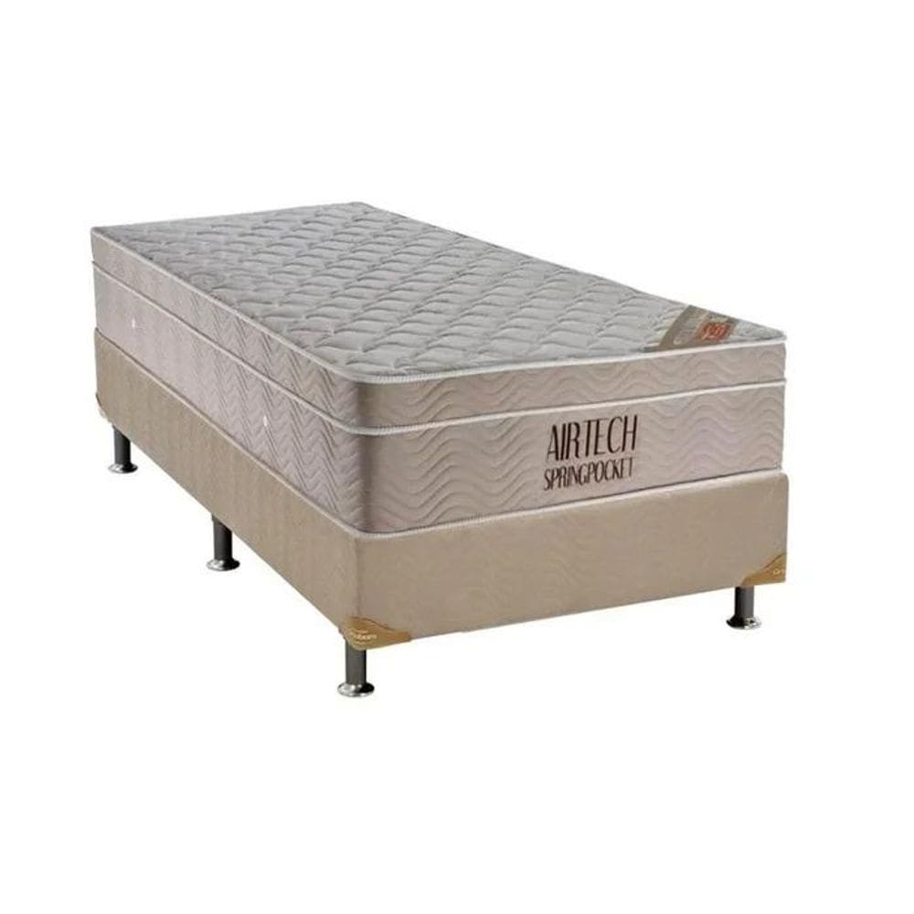 Cama Box Solteirão Bege + Colchão Molas Ensacadas Airtech - 108x198x63
