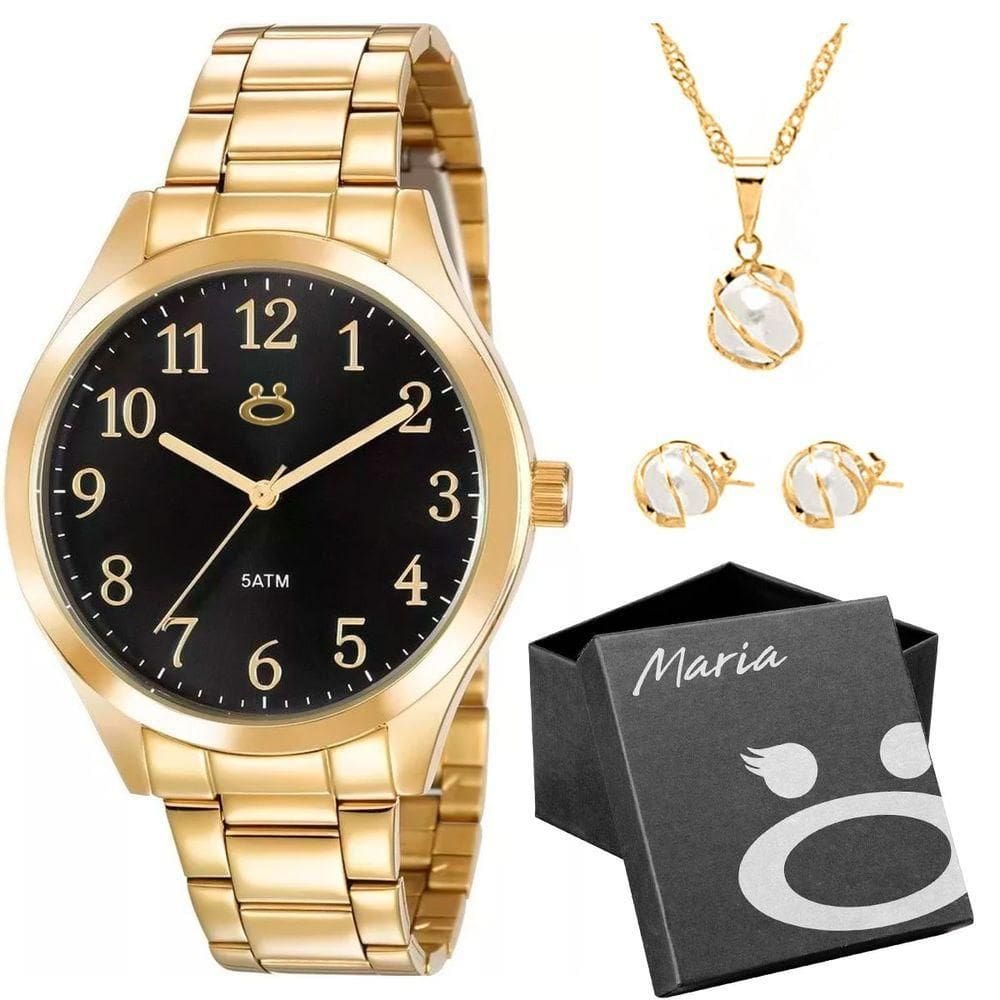 Brincos + Relogio Feminino Aço Inox Dourado + Colar + Caixa Moda Strass Qualidade Premium Casual