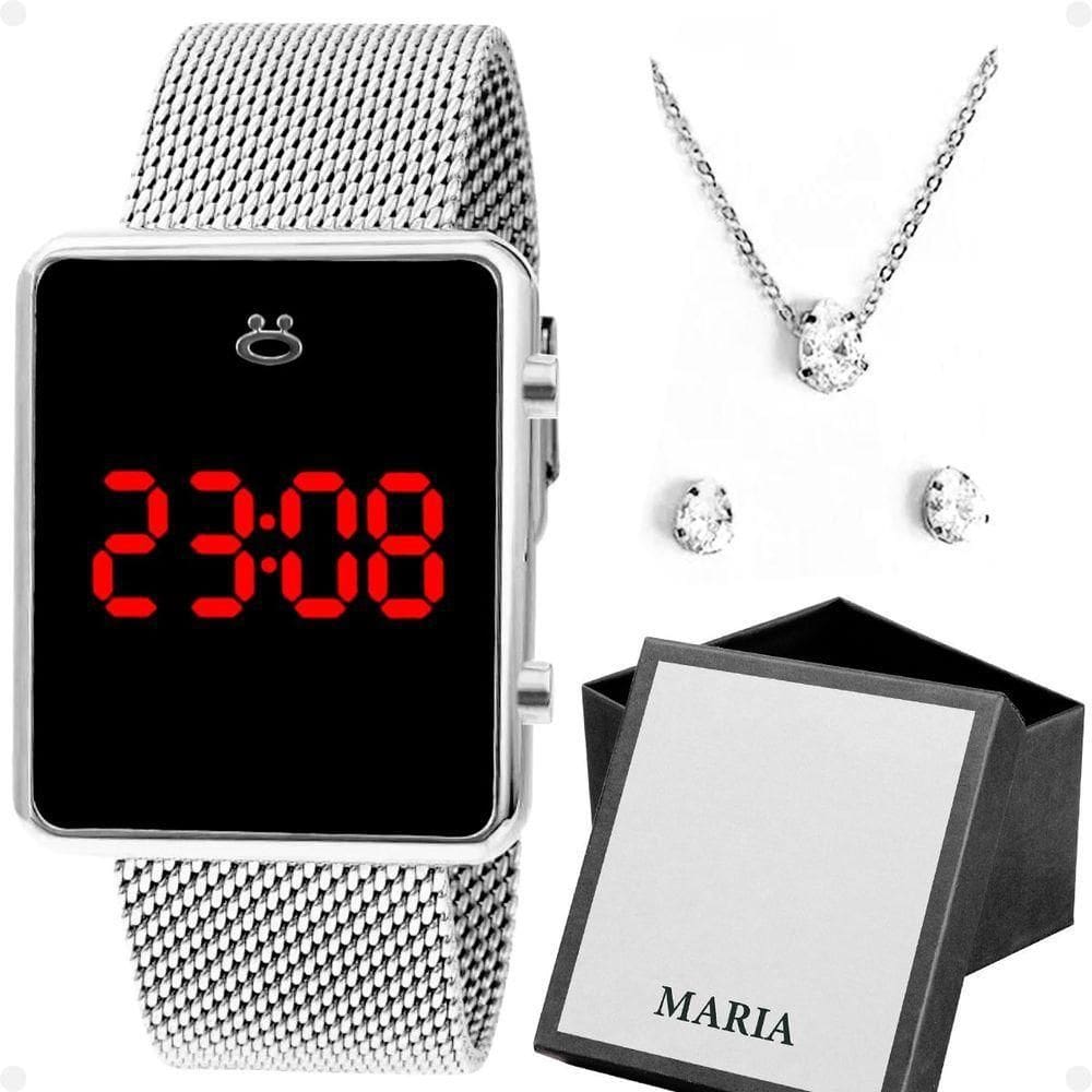 Relogio Feminino Digital Aço Inox + Brincos + Caixa + Colar Qualidade Premium Social Presente Casual
