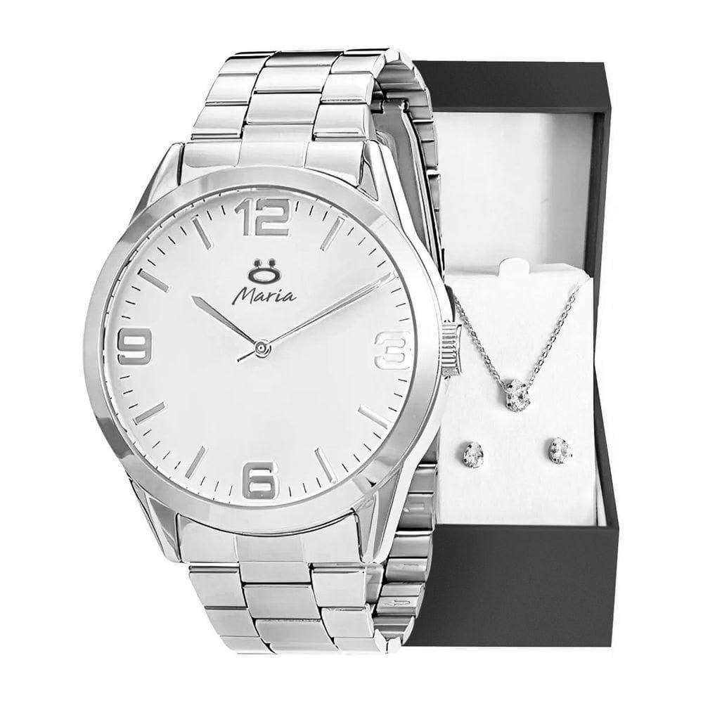 Brincos + Relogio Feminino Prata Inox Aço + Colar + Caixa Presente Casual Social Moda Strass