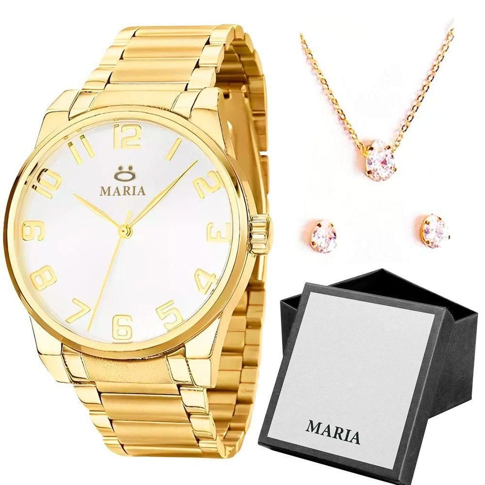 Relogio Feminino Dourado Aço Inox Ou Caixa + Brincos + Colar Strass Presente Moda Inoxidável Banhado