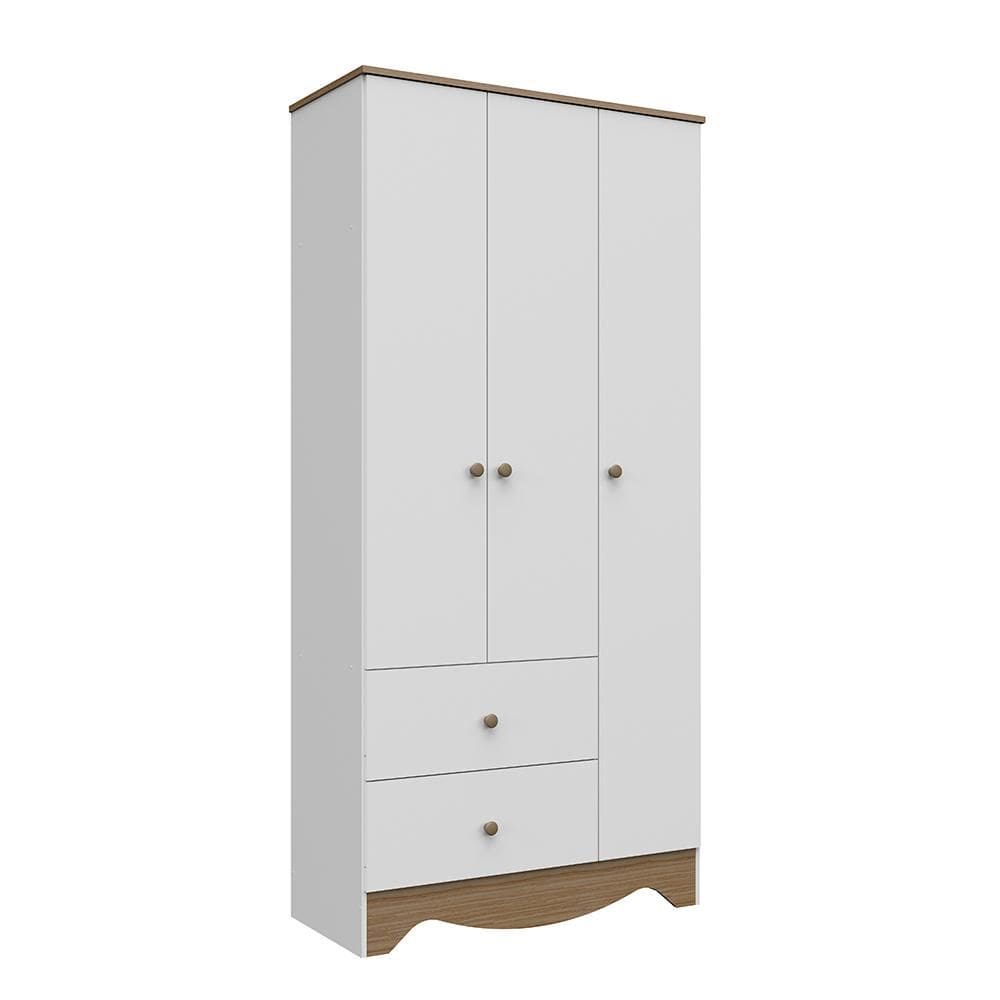 Guarda Roupa Infantil 3 Portas 2 Gavetas MDF Peroba Ben Plus Branco Brilho/Carvalho
