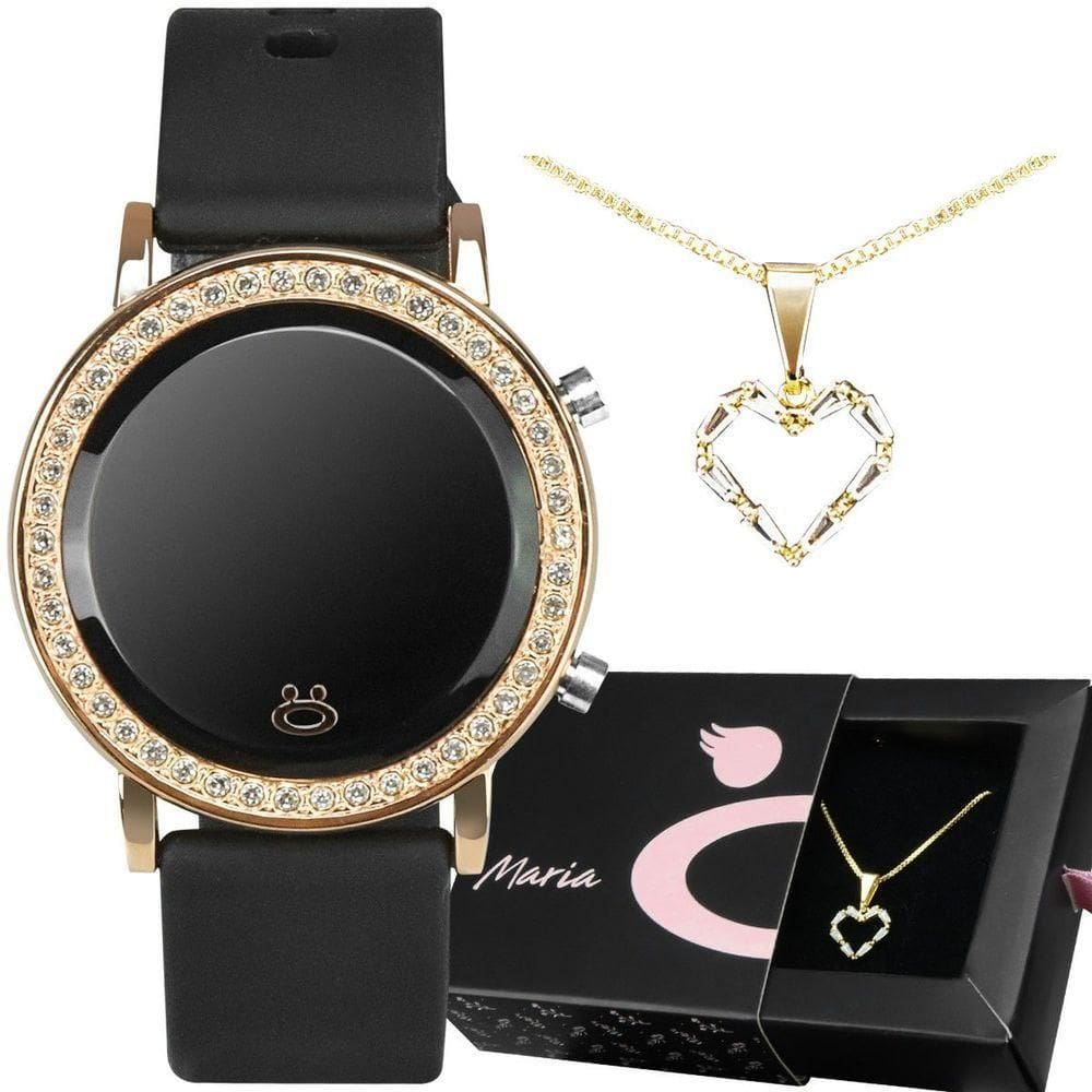 Relogio Feminino Digital Banhado Aço Inox + Colar Coração Moda Casual Qualidade Premium Stras Preto