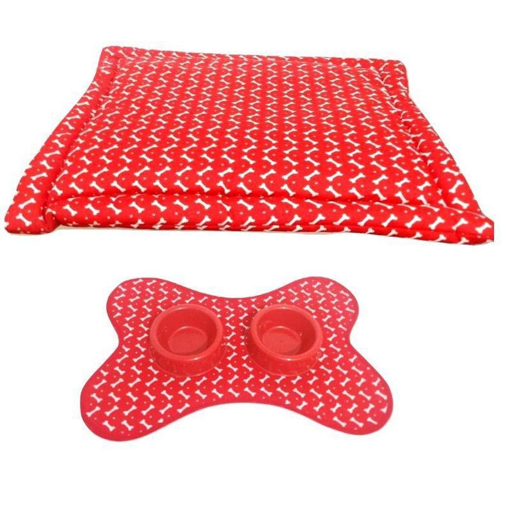 Kit Pet Vermelho-Colchonete Tapete Comedouro/Bebedouro M