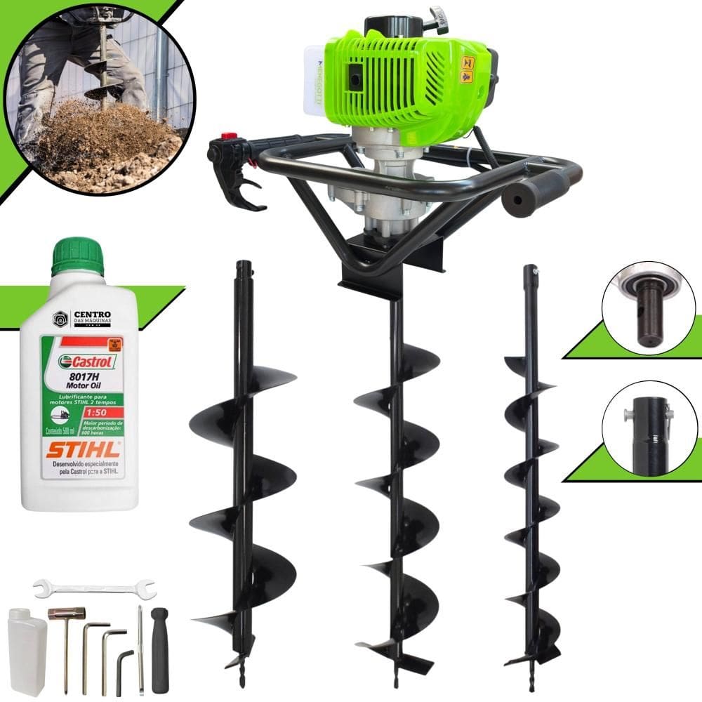 Perfurador de Solo Profissional À Gasolina Menegotti MPS-52 Motor 2T 52cc 1,8HP de Alta Rotação + Brocas 80x10cm, 80x15cm e 80x20cm + EXTRA ÓLEO STIHL