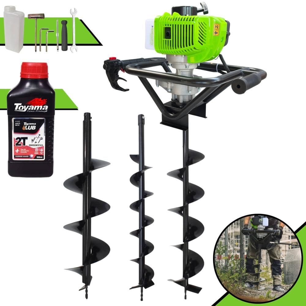 Perfurador de Solo Menegotti MPS-52 À Gasolina Motor 2T 52cc 1,8HP 9.000rpm Empunhadura Ergonômica + Brocas 80x10, 80x15 e 80x20 + ÓLEO TOYAMA 2T