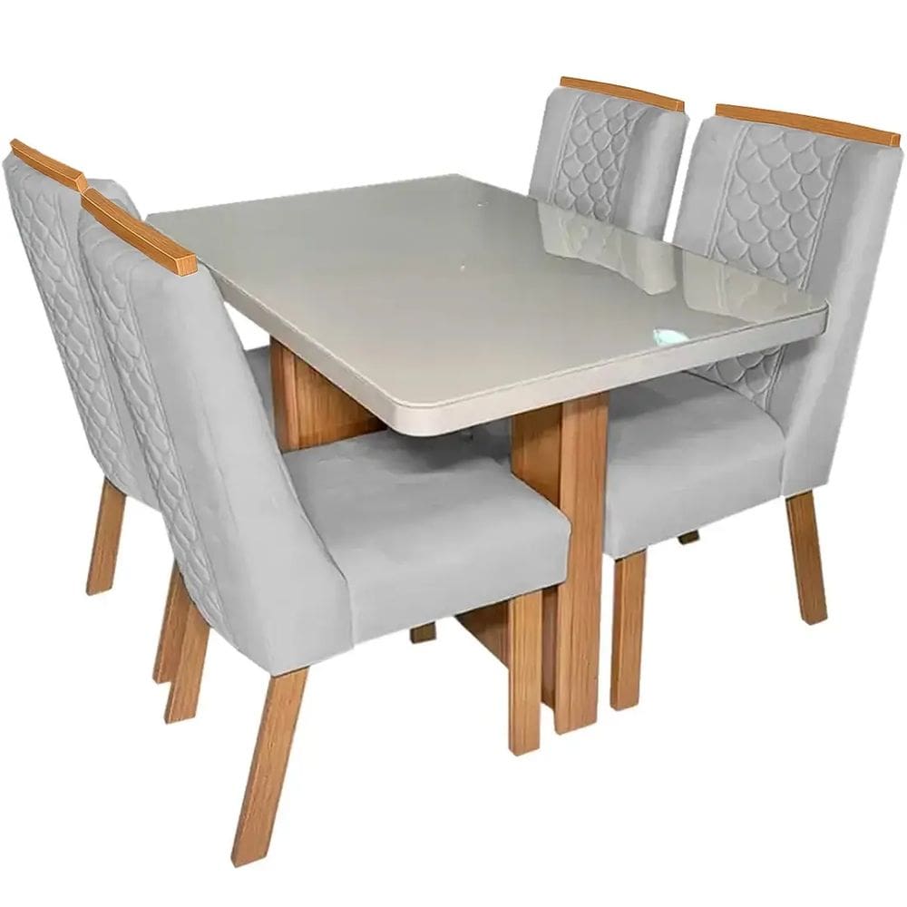 Mesa de Jantar Dora 120x80cm com 4 Cadeiras Dora Tecido Veludo Valdemóveis Cor Cinamomo Off White com Tecido Cinza