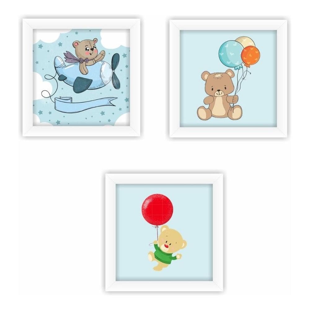 Kit 3 Quadros Infantis Bebe Crianças Com Moldura Ursinhos
