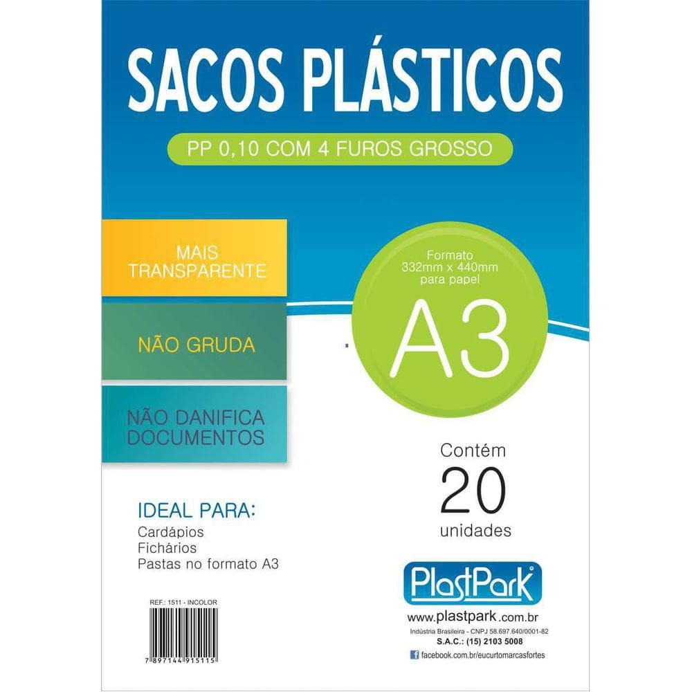 Envelope Plástico A3 4 Furos Pp Grosso Pacote Com 20