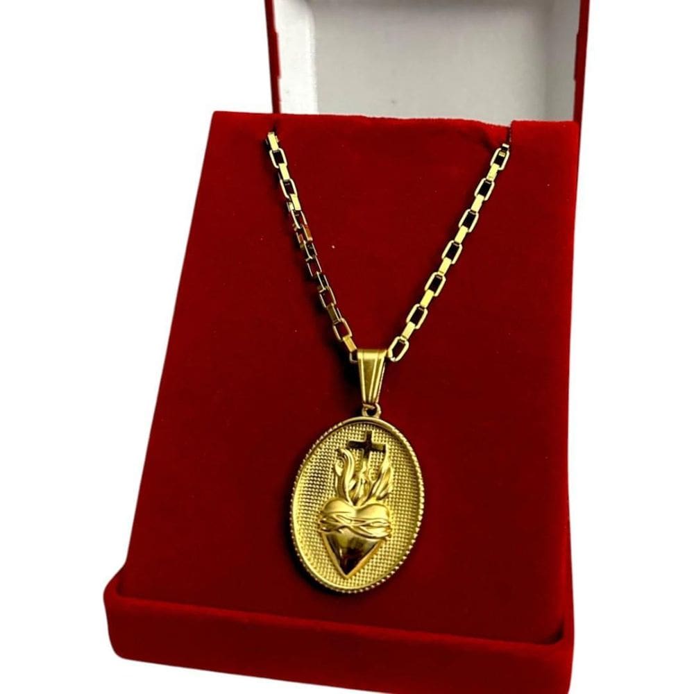 Cordão 3.0 Tijolinho + Pingente Coração - Banhado A Ouro