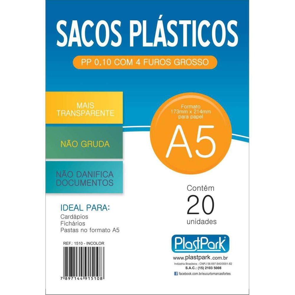 Envelope Plástico A5 4 Furos Pp Grosso Pacote Com 20