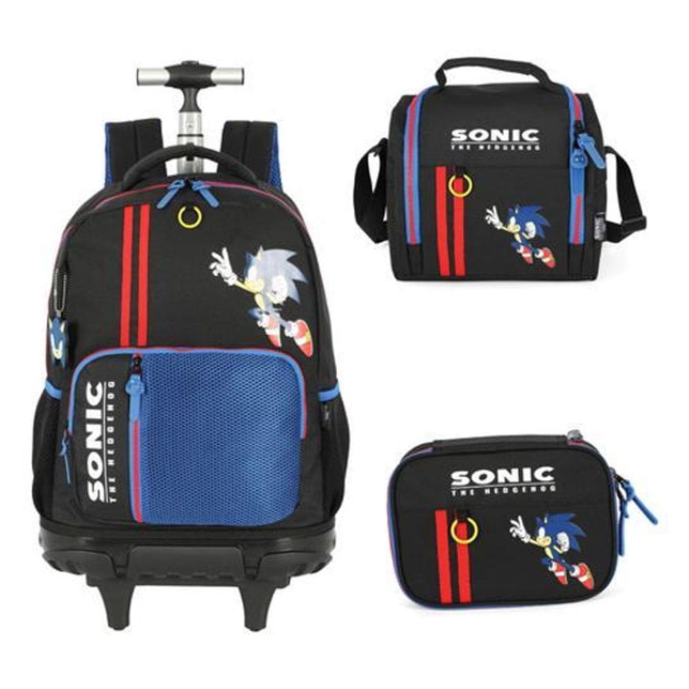 Kit Mochila Rodinhas Lancheira Estojo Sonic Com Chaveiro