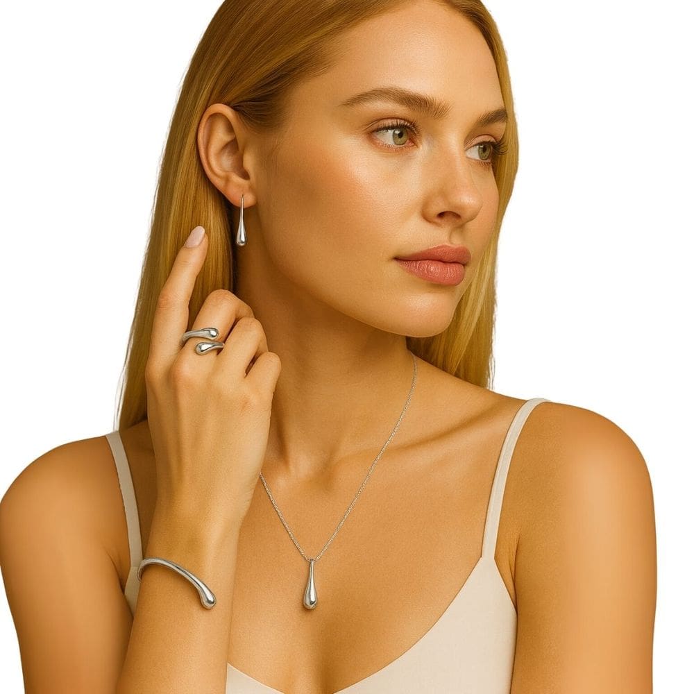 Kit Joias Feminina Prateado Gota Corrente Brinco Anel Pulseira