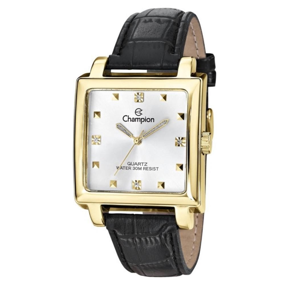 Relógio Feminino Dourado Quadrado Champion Pulseira Couro+