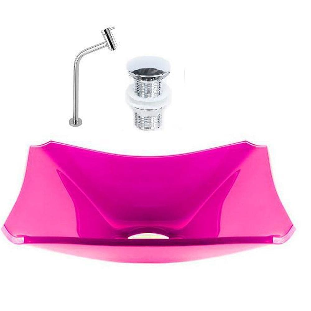 Cuba Retangular Chanfrada 37Cm Rosa + Válvula + Torneira