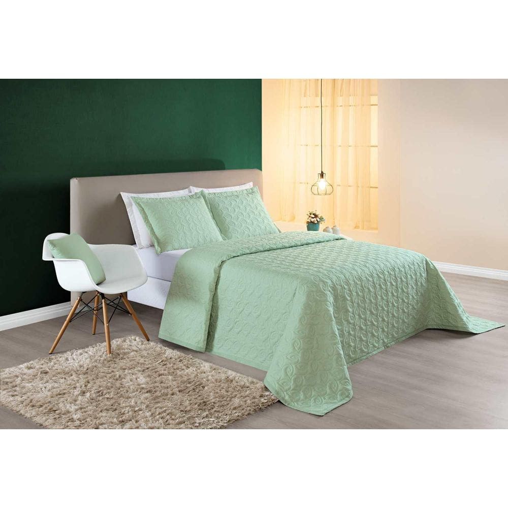 Cobre Leito Queen 3 Pç Coleção Ágata 200 Fios Bordado Verde
