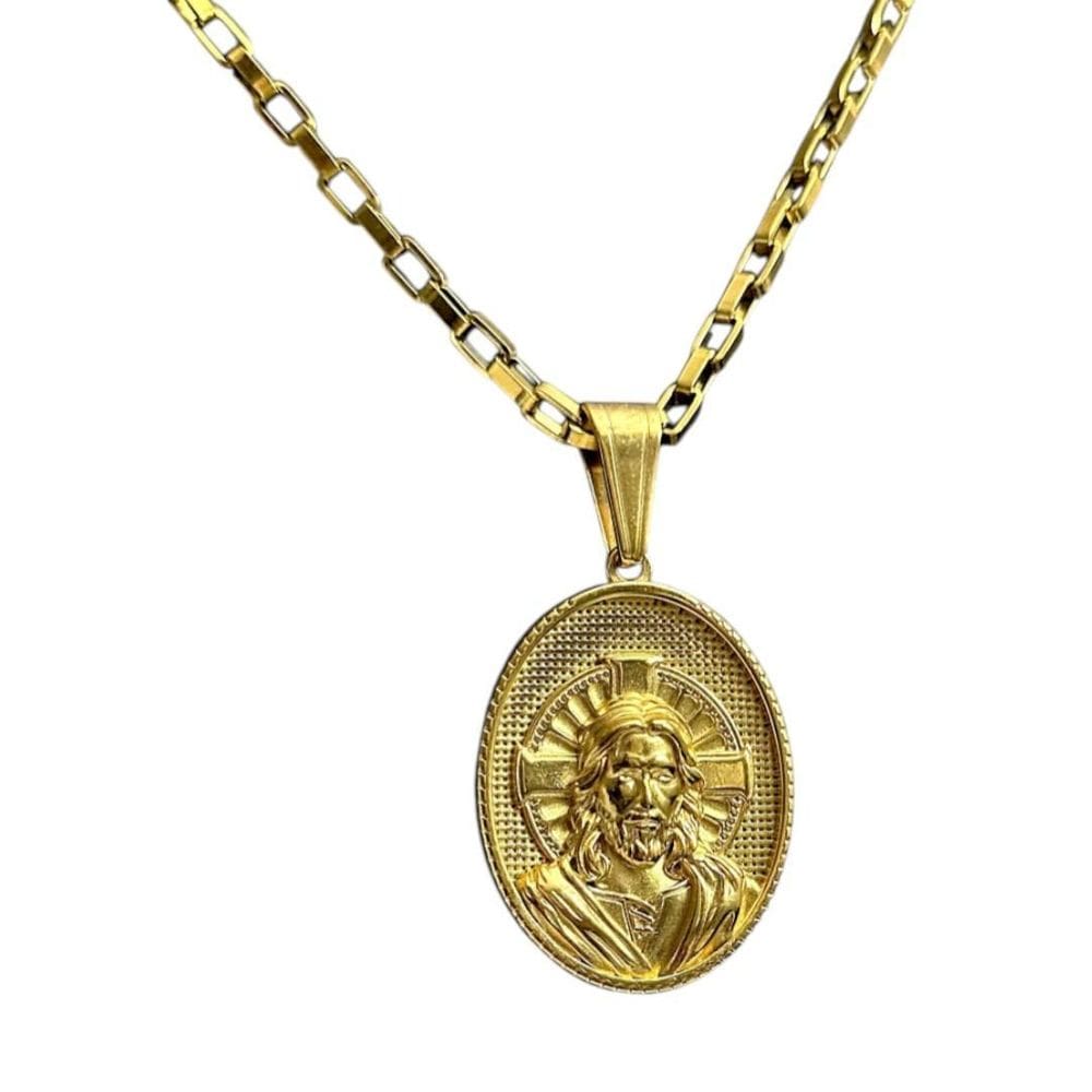 Cordão 3.0 Tijolinho + Pingente Cristo Oval - Banhado A Ouro