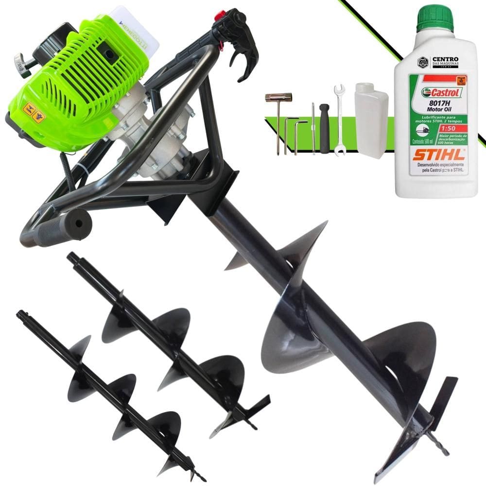 Trado Motorizado À Gasolina Menegotti MPS-52 52cc 1,8HP de Alta Rotação e Performance + Brocas 80x20cm, 80x25cm e 80x30cm + ÓLEO STIHL