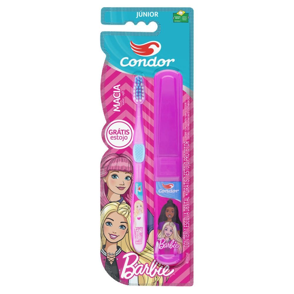Escova Dental Macia Com Limpador De Língua Barbie Condor Júnior Cabeça P + Estojo Protetor