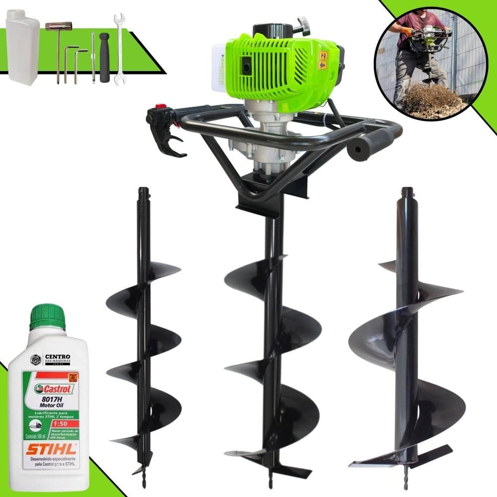 Perfurador de Solo À Gasolina Menegotti MPS-52 52cc 1,8HP de Potência 9.000rpm + Conjunto de Brocas 80x20cm, 80x25cm e 80x30cm + ÓLEO STIHL 2T