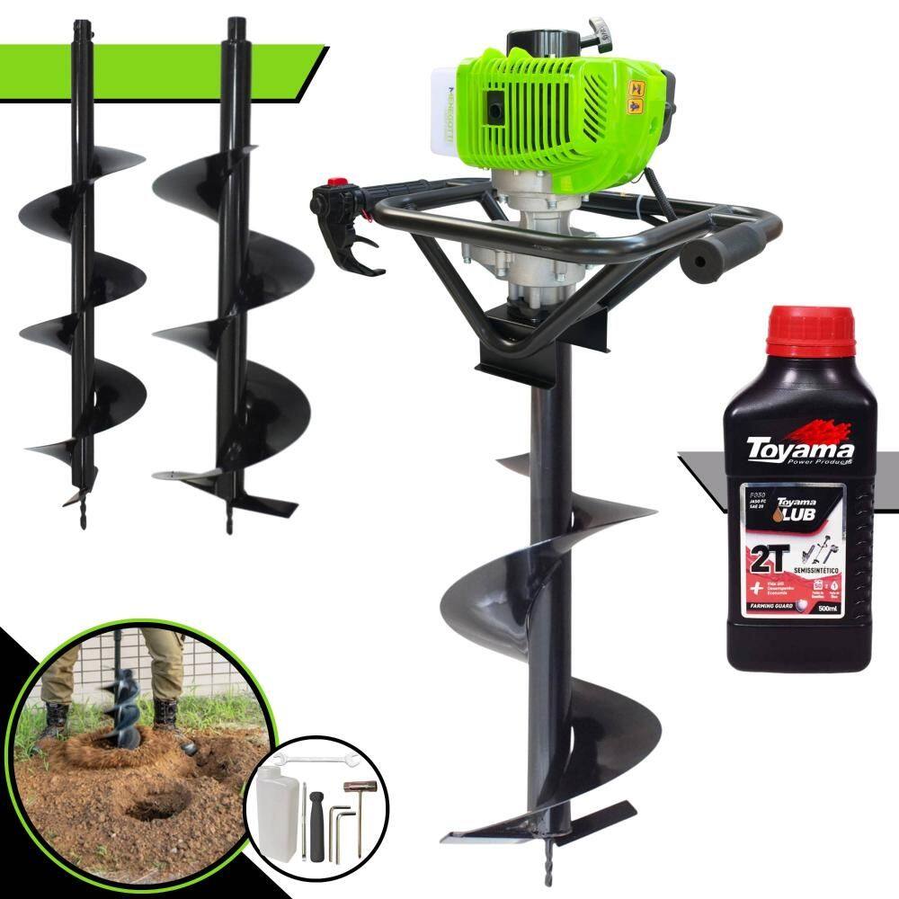 Perfurador de Solo Profissional Menegotti MPS-52 À Gasolina 1,8HP de Potência 52cc 9.000rpm + Conjunto de Brocas 80x20, 80x25 e 80x30 + ÓLEO TOYAMA 2T