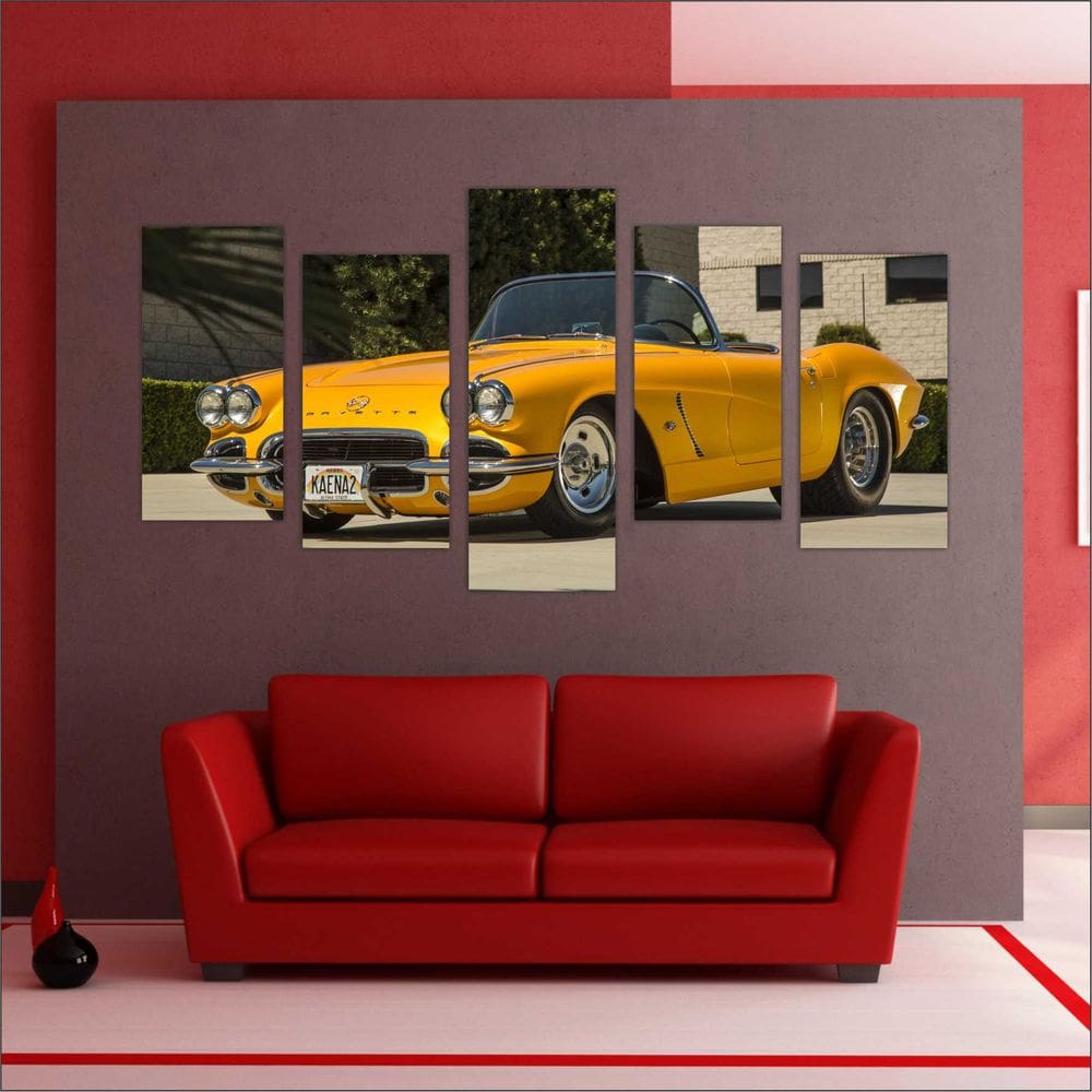 Quadro Decorativo Corvette Amarelo Mosaico Vintage 5 Peças