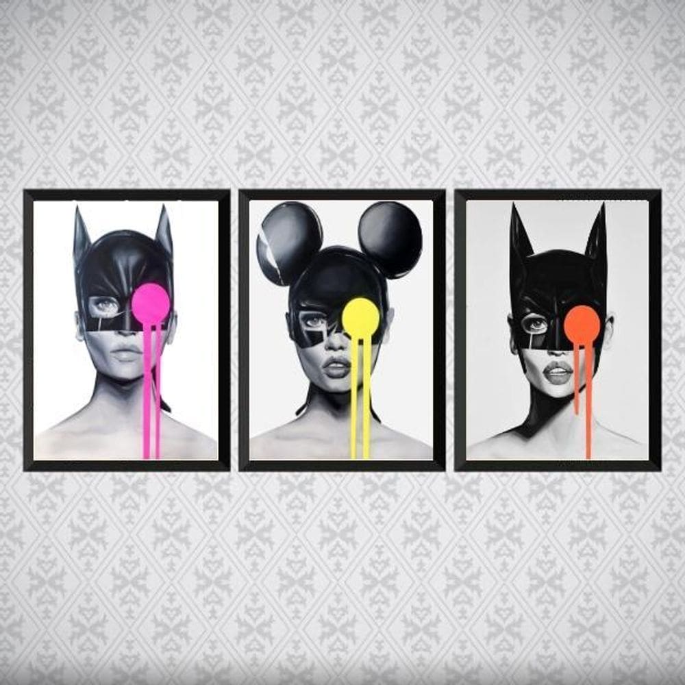 Kit 3 Quadros Pop Art Mulher Gato 24X18Cm
