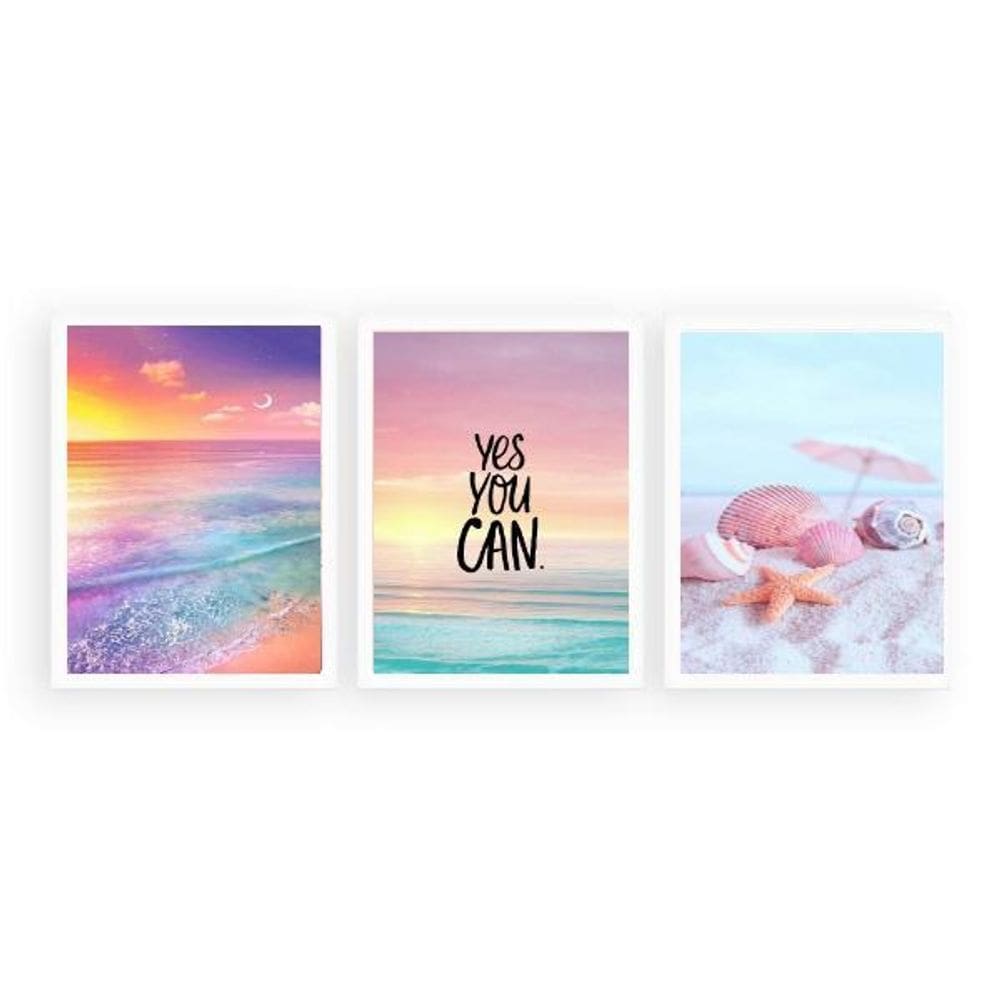 Kit 3 Quadros Frase Praia Motivacional 45X34Cm - Com Vidro