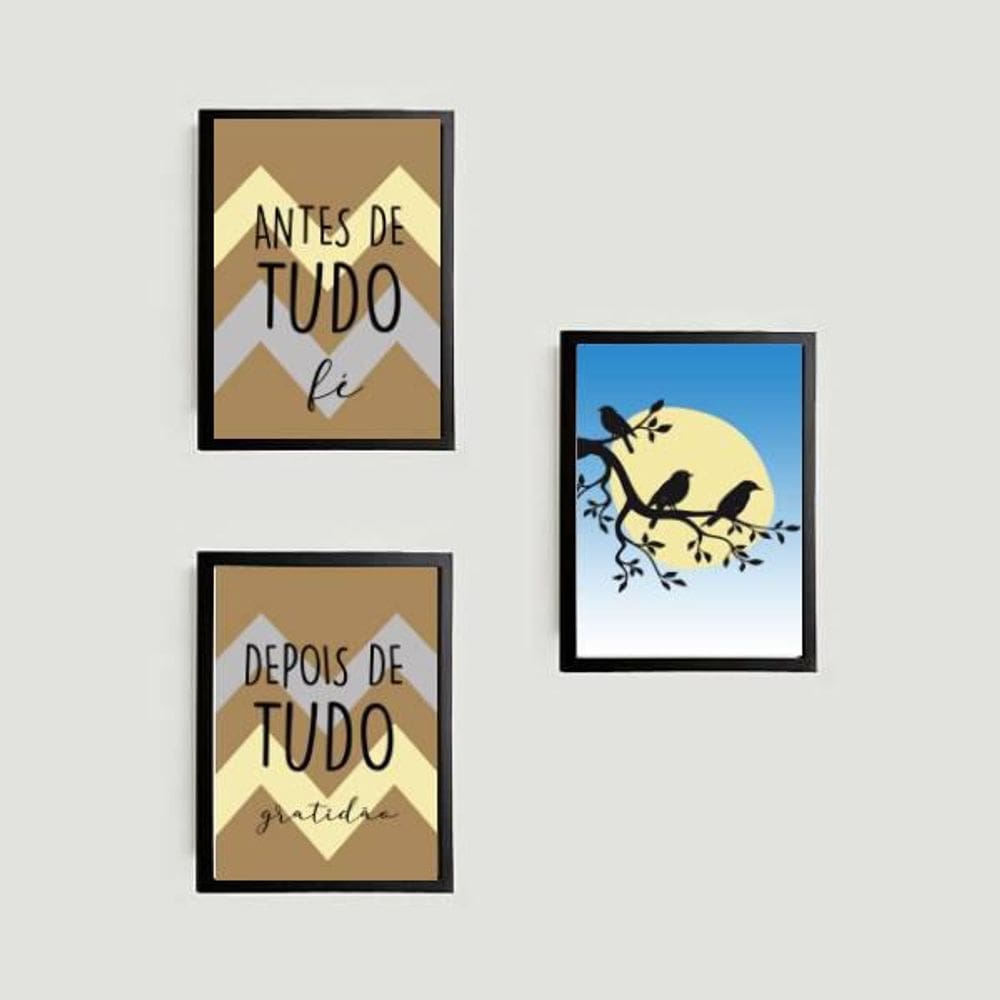 Kit 3 Quadros Fé E Gratidão Pássaros 24X18Cm