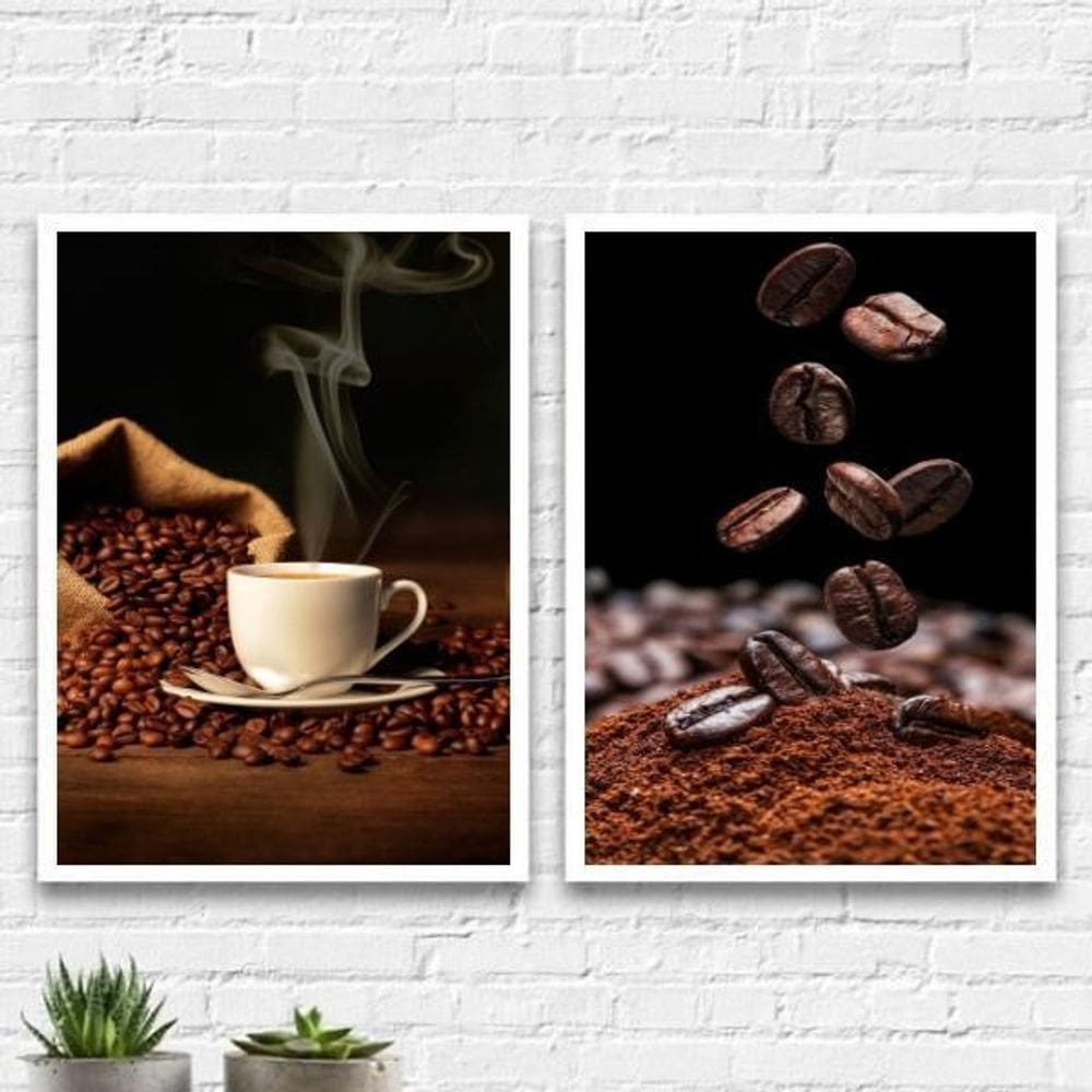 Kit 2 Quadros Fotografia Grãos De Café 33X24Cm - Com Vidro