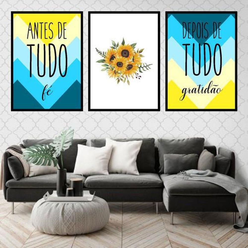Kit 3 Quadros Decorativos Fé Gratidão Girassol