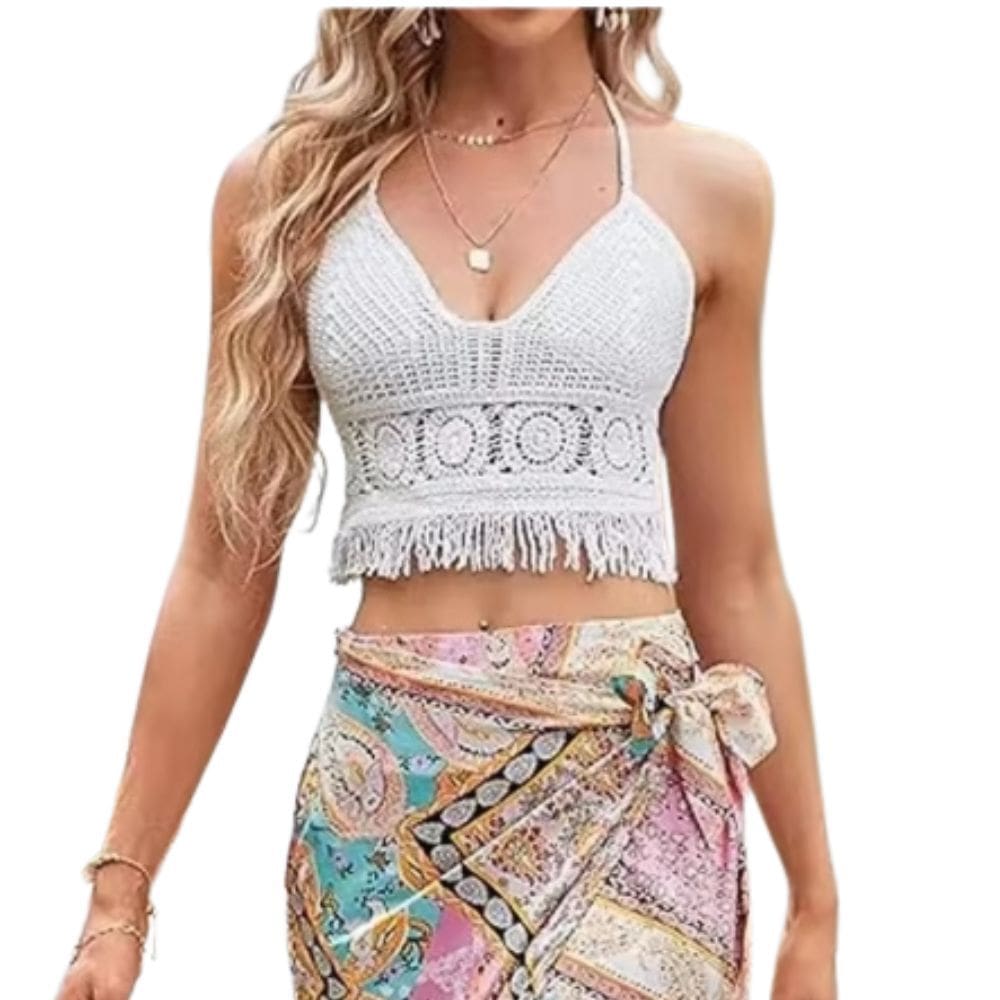 Top Frente Única Feminino com Bojo Estilo Boho de Crochê