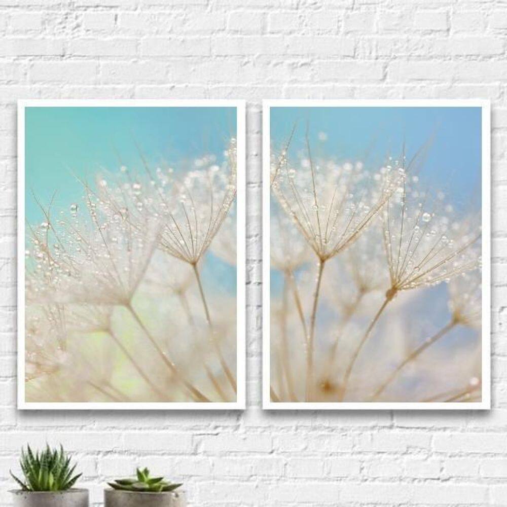 Kit 2 Quadros Dente De Leão Céu Azul 45X34Cm Vidro Branca