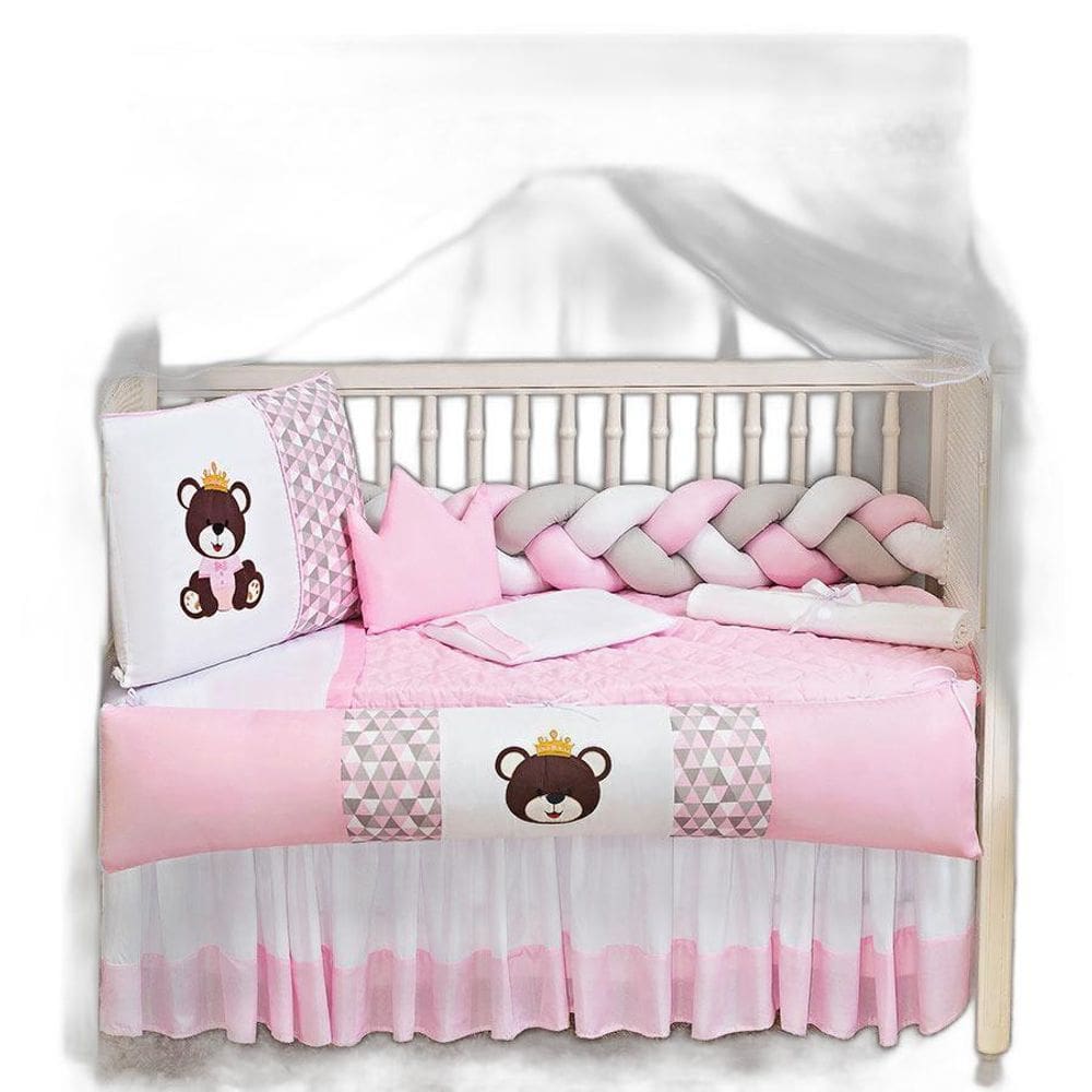Kit Berço Menina Urso Princesa Rosa Claro 11 Peças Saia Box