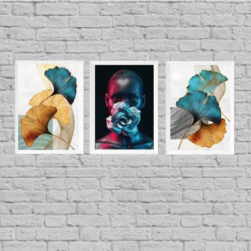 Kit 3 Quadros Mulher Com Flores Azuis 24X18Cm Madeira Branca