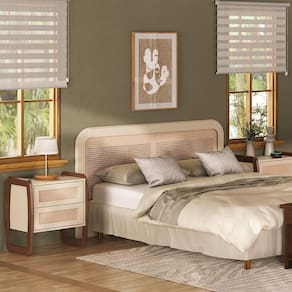 Cabeceira De Cama Cantos Arredondados Com Rattan Nude Laca Rattan Natural - Solteiro - 88 Cm