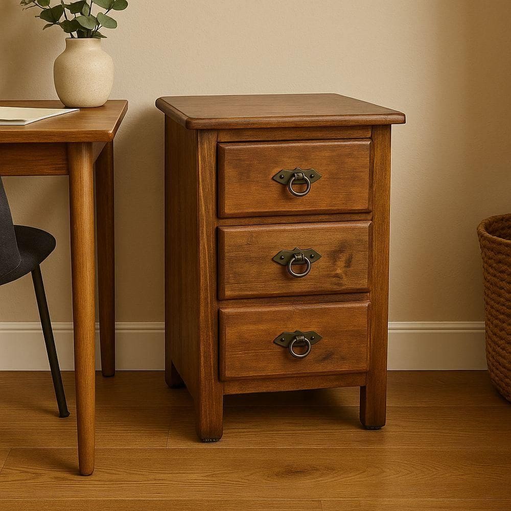 Mesa De Cabeceira Rústica De Madeira Com 3 Gavetas – 60cm De Altura