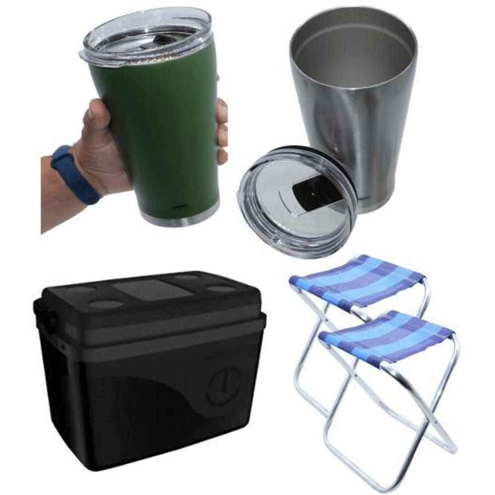 Kit Verao 2 Copos Termico 2 Banquetas Cooler Praia Churrasco