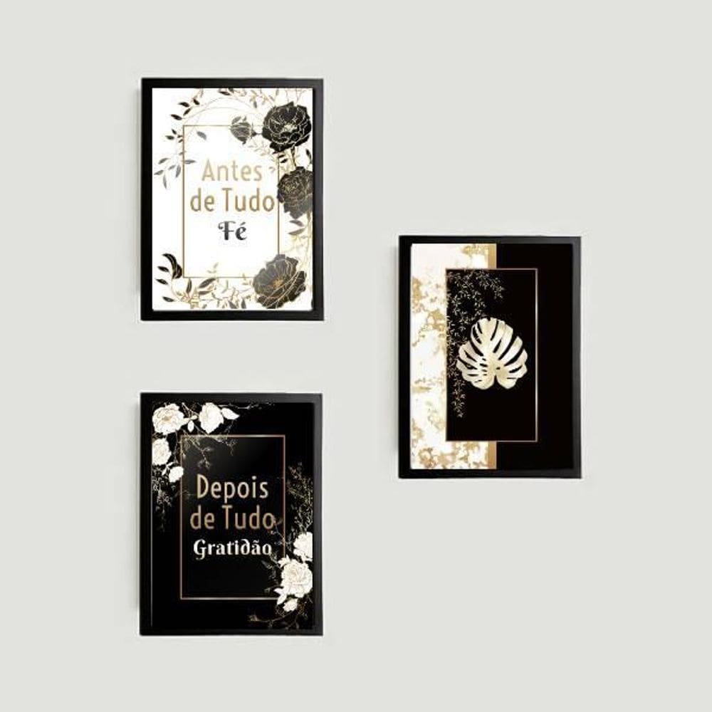 Kit 3 Quadros Fé E Gratidão Costela De Adão 45X34Cm Preta