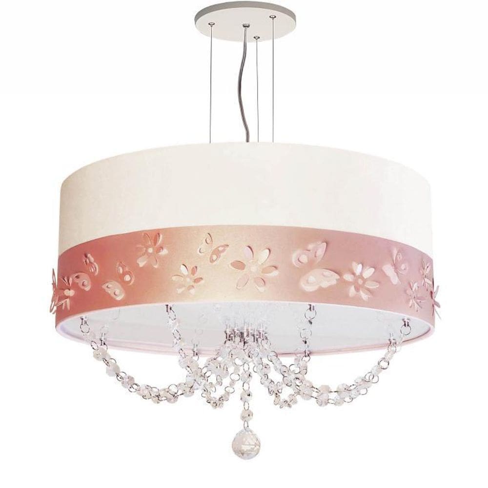 Lustre Infantil Pendente Faixa Flores E Borboletas Branco 40