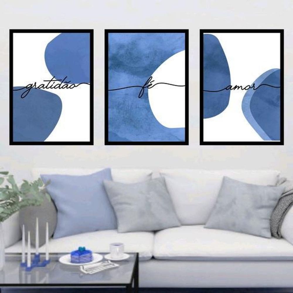 Kit 3 Quadros Gratidão, Fé, Amor Azul 45X34 Com Vidro Preta
