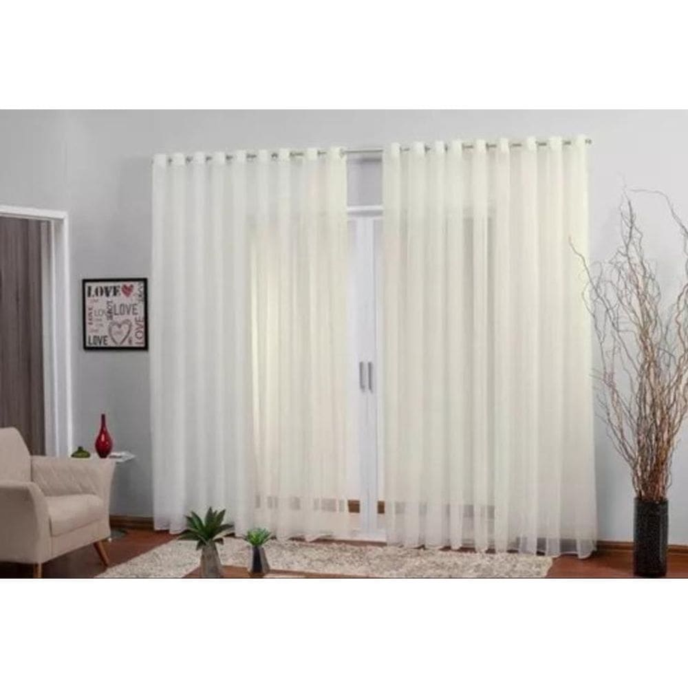 Cortina Voil 3,00X2,30 Sala Ou Quarto Cromado Trilho Palha