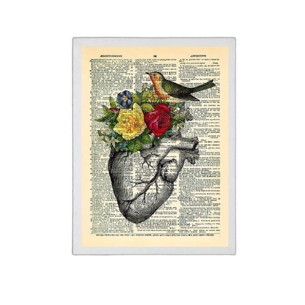 Quadro Coração Com Flores E Pássaro 45X34Cm Com Vidro Branca