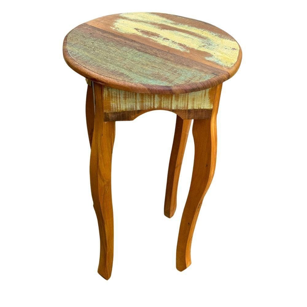 Mesa Lateral Redonda Rústica Em Madeira De Demolição – 40x65cm