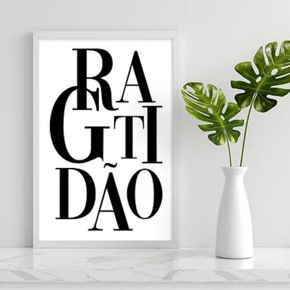 Quadro Gratidão Preto E Branco 33X24 C/Vidro Madeira Branca