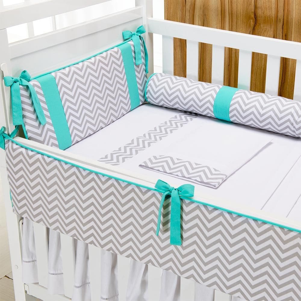 Kit Berço Contemporâneo Chevron Cinza E Tiffany - 06 Peças