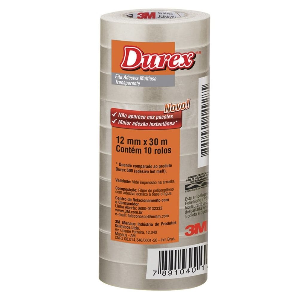 Fita Durex 12x30m Transparente 3M 10 Rolos