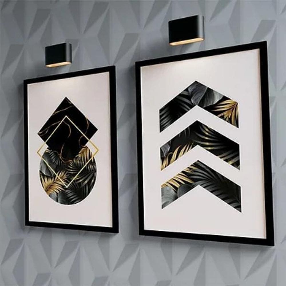 Kit 2 Quadros Geométrico Folhas Preto/Ouro 33X24 Vidro Preta